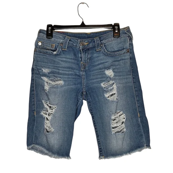 True Religion Blue Distressed Jean Shorts - Picture 1 of 5